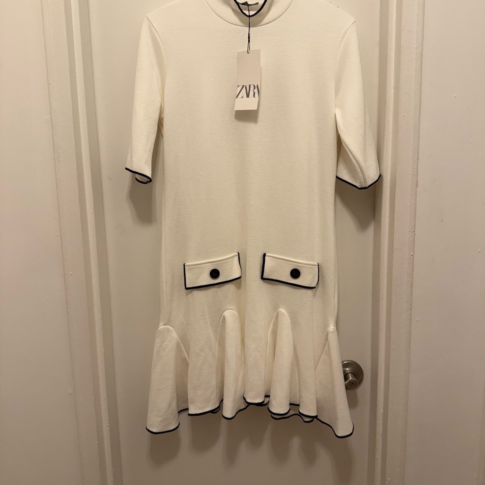 ZaraCream Dress with Black Trim